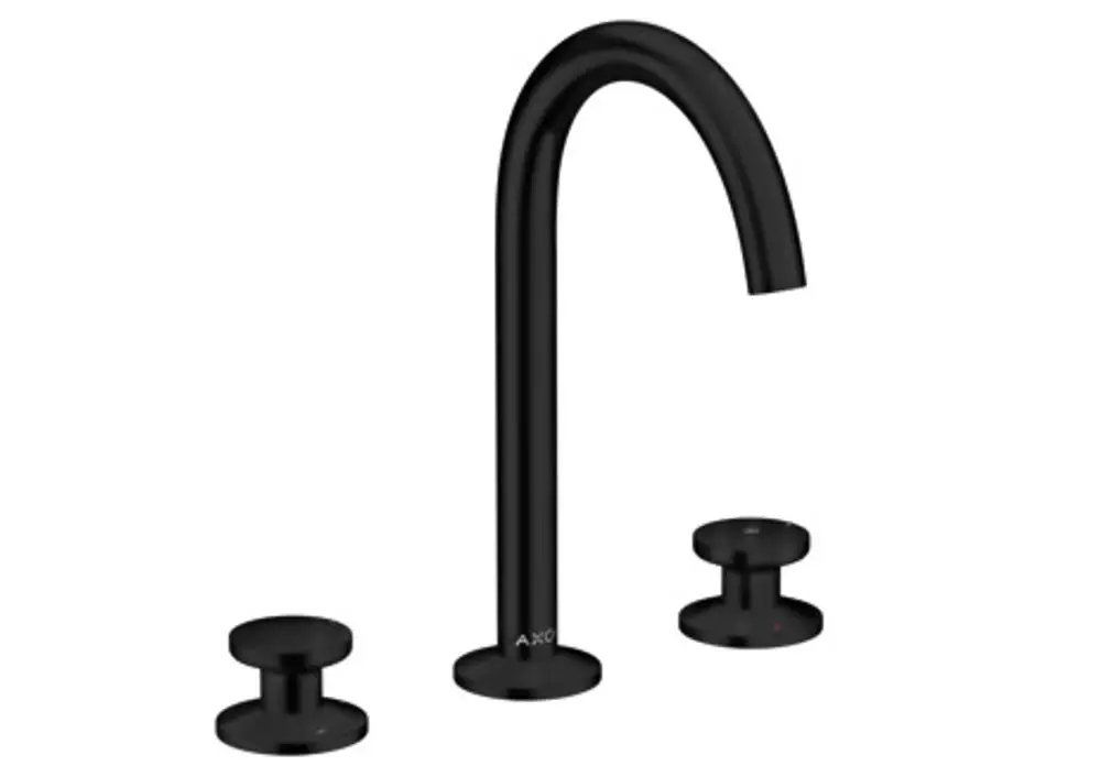 Schwarze AXOR Waschtischarmatur mit hohem, geschwungenem Auslauf und zwei druckknopfartigen Griffen für die Wassersteuerung.